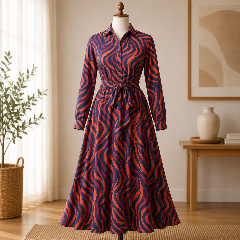 Attitudes by Renee Maxi Dress Womens XS Orange Navy Zebra Print Long Sleeve Tie